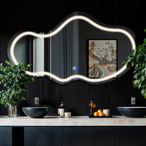 LED Spiegel Asymmetrisch 2 | Touch-Schalter | Anti-Beschlag-Funktion | Neutralweißes Licht - Reyze Seria Salono Model 1 - Horizontal