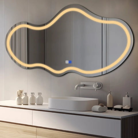 LED Spiegel Asymmetrisch 2 | Touch-Schalter | Anti-Beschlag-Funktion | Warmweißes Licht - Reyze Seria Salono Model 1 - Horizontal