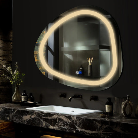 LED Spiegel Asymmetrisch | Touch-Schalter | Anti-Beschlag-Funktion | Warmweißes Licht - Reyze Seria Salono Model 1