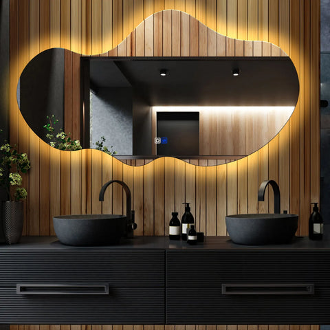 LED Spiegel Asymmetrisch 2 | Touch-Schalter | Anti-Beschlag-Funktion | Warmweißes Licht - Reyze Seria Ambient Model 1 - Horizontal
