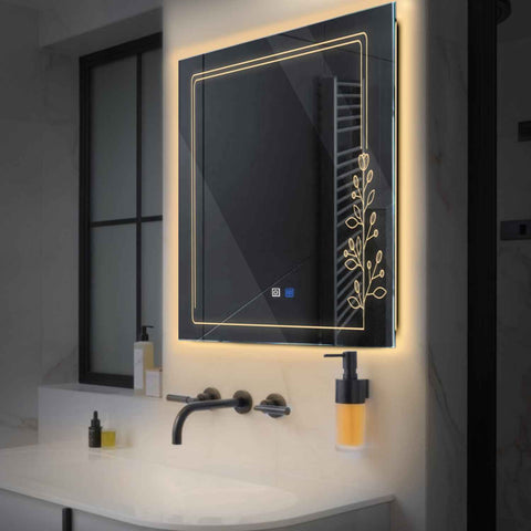 LED Spiegel Quadratisch | Touch-Schalter | Anti-Beschlag-Funktion | Warmweißes Licht - Reyze Seria Good Vibes Model 3