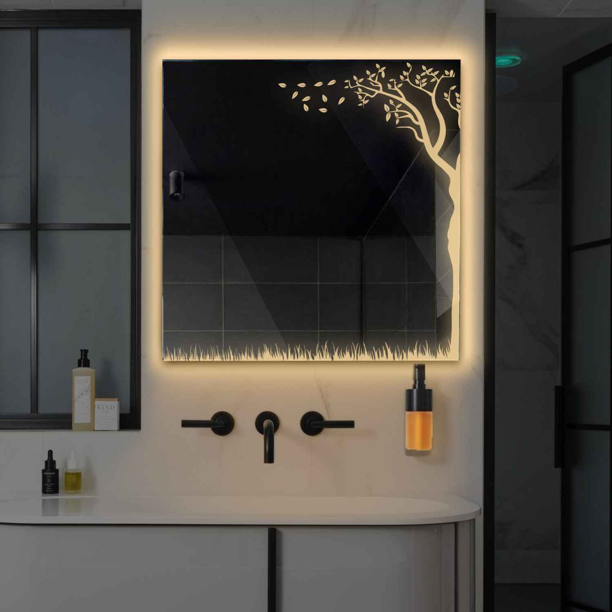 LED Spiegel Quadratisch | Wandschalter-Steuerung | Warmweißes Licht - Reyze Seria Good Vibes Model 8