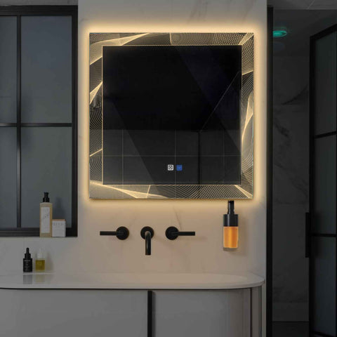 LED Spiegel Quadratisch | Touch-Schalter | Anti-Beschlag-Funktion | Warmweißes Licht - Reyze Seria Simetria Model 2