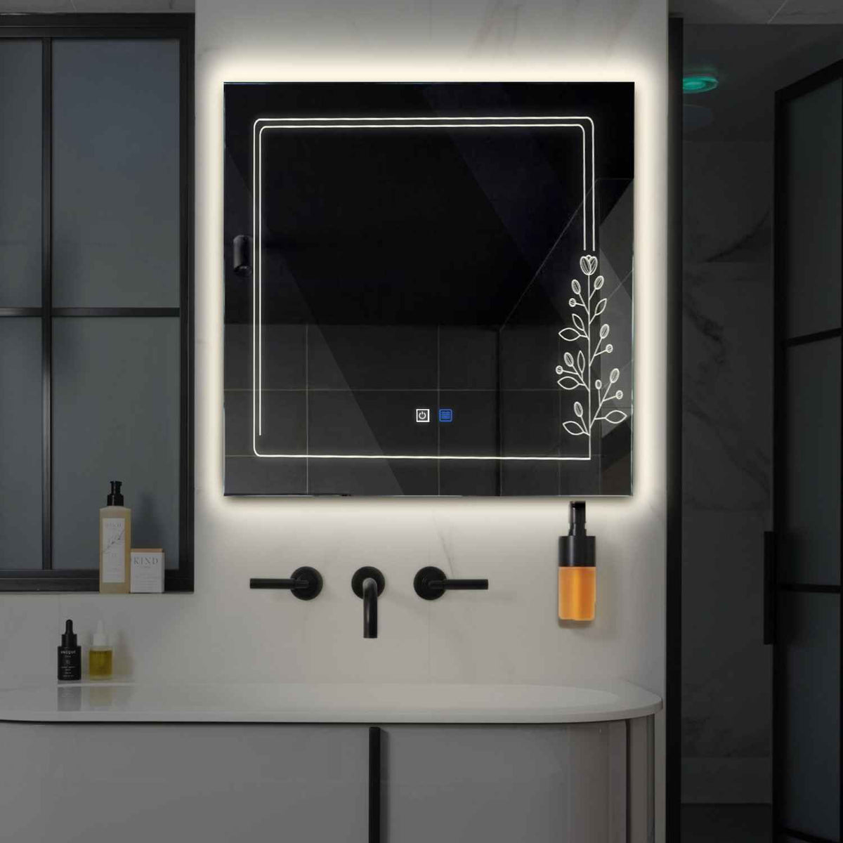 LED Spiegel Quadratisch | Touch-Schalter | Anti-Beschlag-Funktion | Neutralweißes Licht - Reyze Seria Good Vibes Model 3
