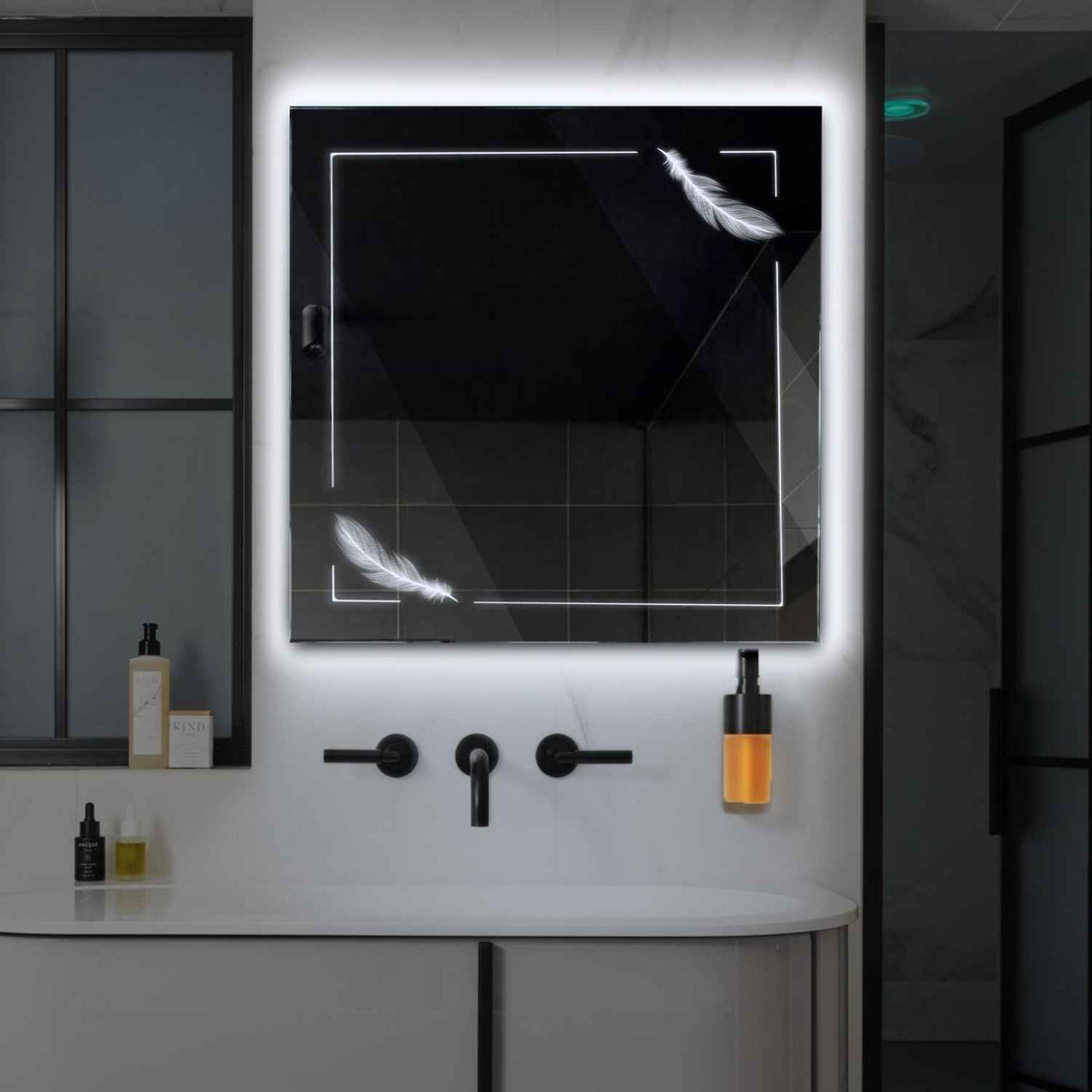 LED Spiegel Quadratisch | Wandschalter-Steuerung | Kaltweißes Licht - Reyze Seria Good Vibes Model 2