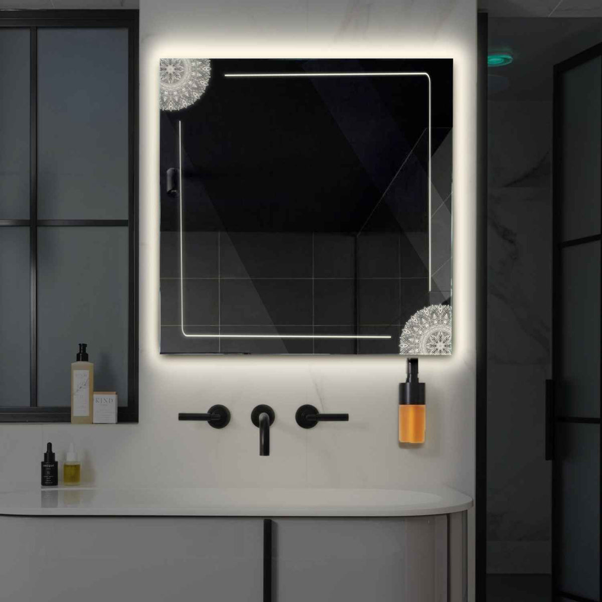 LED Spiegel Quadratisch | Wandschalter-Steuerung | Neutralweißes Licht - Reyze Seria Good Vibes Model 7