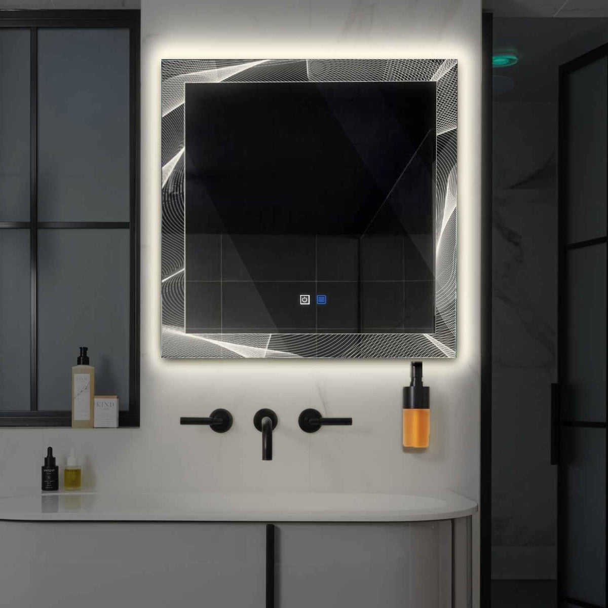 LED Spiegel Quadratisch | Touch-Schalter | Anti-Beschlag-Funktion | Neutralweißes Licht - Reyze Seria Simetria Model 2