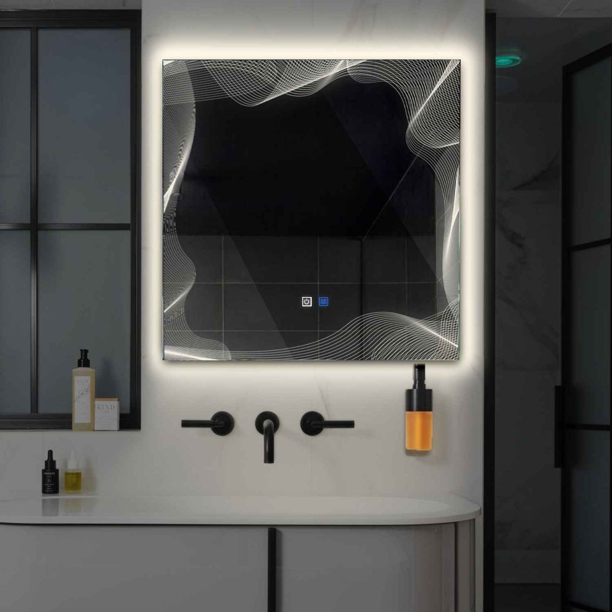 LED Spiegel Quadratisch | Touch-Schalter | Anti-Beschlag-Funktion | Neutralweißes Licht - Reyze Seria Simetria Model 3