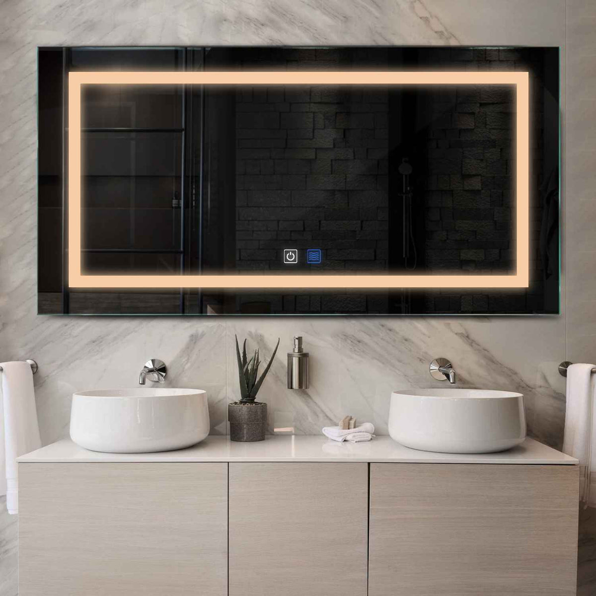 LED Spiegel Rechteckig | Touch-Schalter | Anti-Beschlag-Funktion | Warmweißes Licht - Reyze Seria Salono Model 1