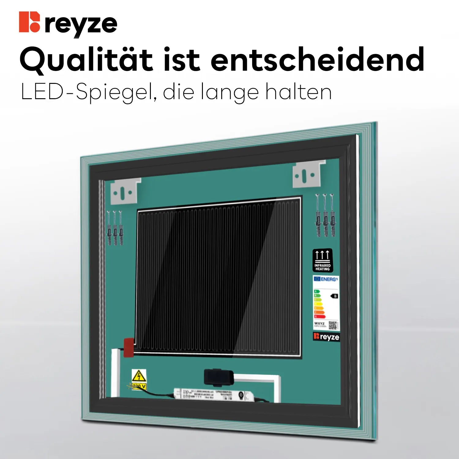 LED Spiegel Quadratisch | Touch-Schalter | Anti-Beschlag-Funktion | Kaltweißes Licht - Reyze Seria Edge Model 1