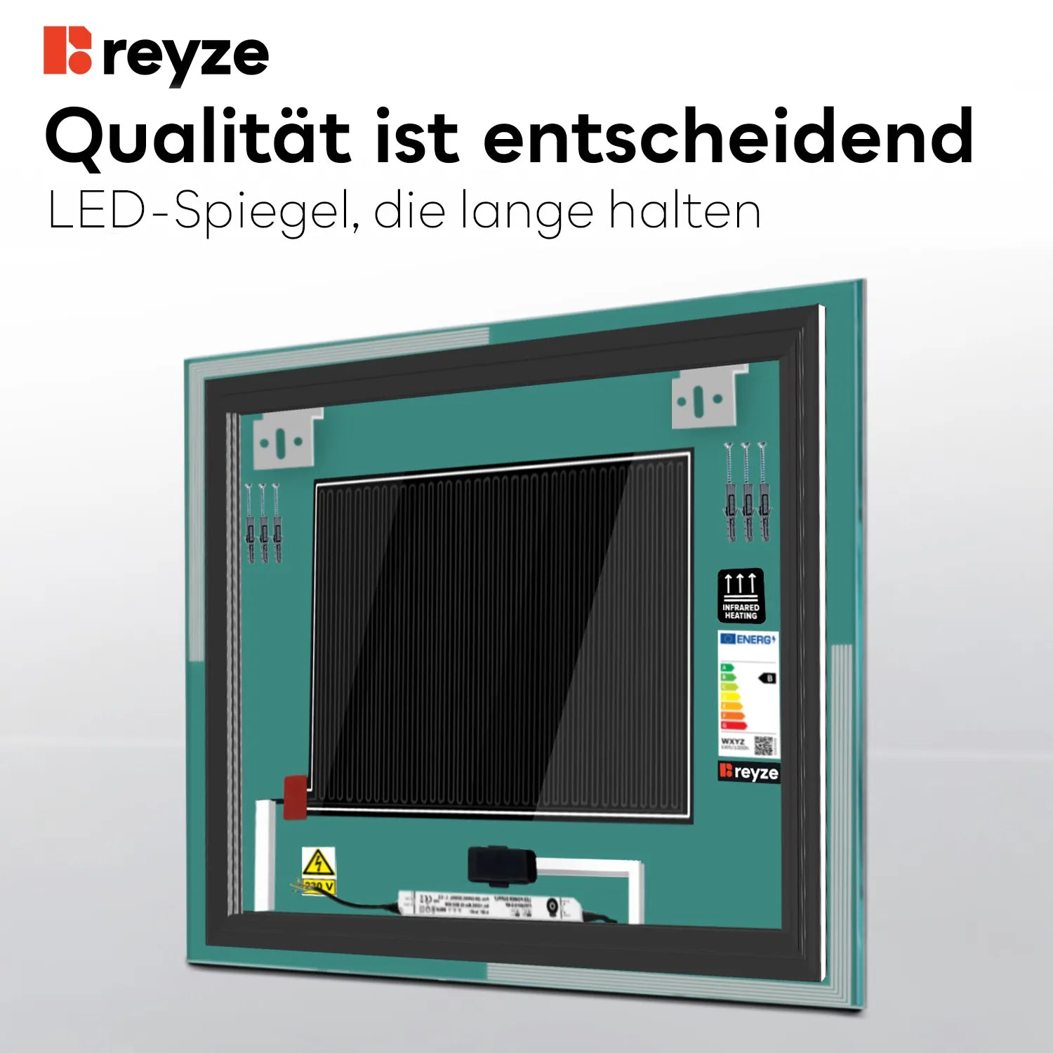 LED Spiegel Quadratisch | Touch-Schalter | Anti-Beschlag-Funktion | Einstellbare Farbtemperatur - Reyze Seria Edge Model 2