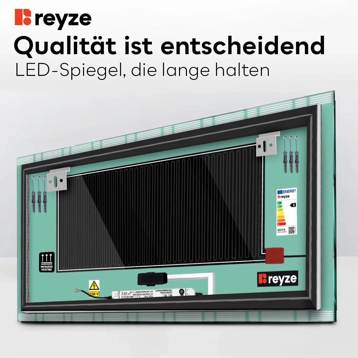 LED Spiegel Rechteckig | Touch-Schalter | Anti-Beschlag-Funktion | Neutralweißes Licht - Reyze Seria Edge Model 3