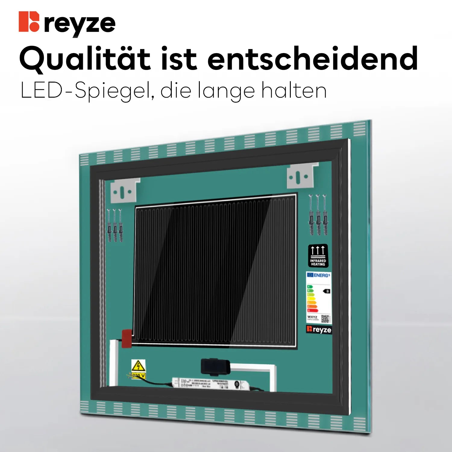 LED Spiegel Quadratisch | Touch-Schalter | Anti-Beschlag-Funktion | Neutralweißes Licht - Reyze Seria Edge Model 6