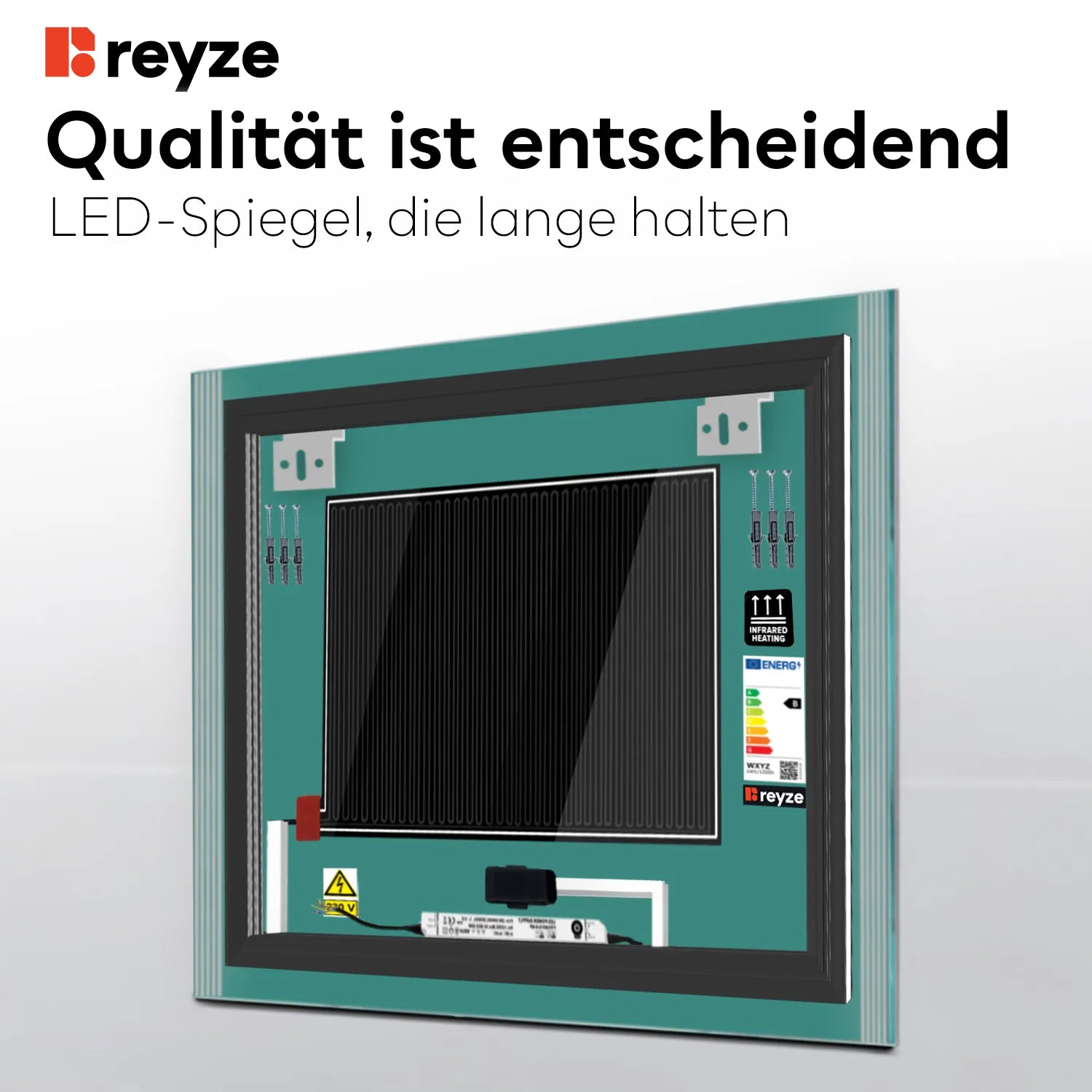 LED Spiegel Quadratisch | Touch-Schalter | Anti-Beschlag-Funktion | Warmweißes Licht - Reyze Seria Edge Model 7