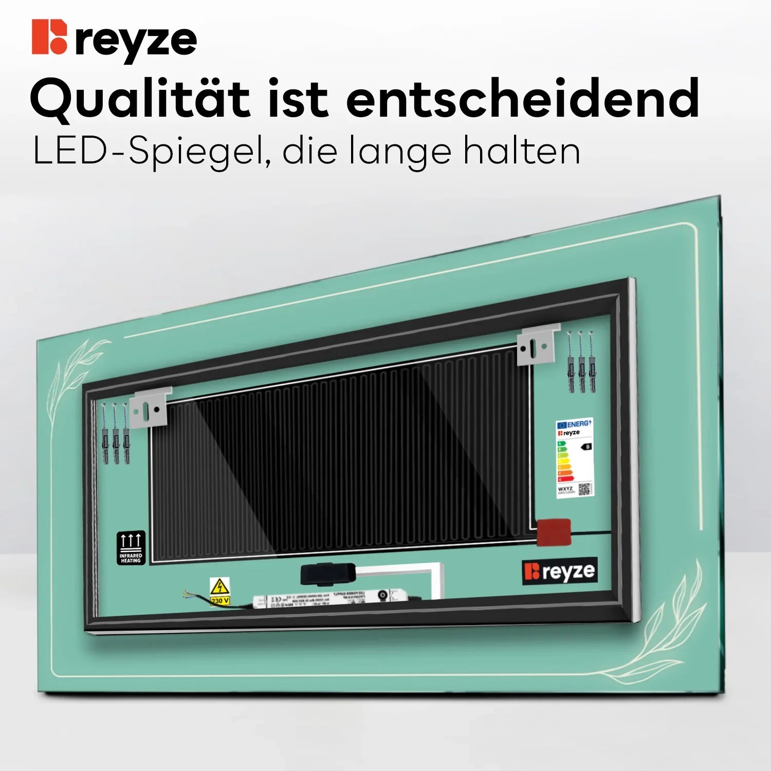 LED Spiegel Rechteckig | Touch-Schalter | Anti-Beschlag-Funktion | Einstellbare Farbtemperatur - Reyze Seria Good Vibes Model 1
