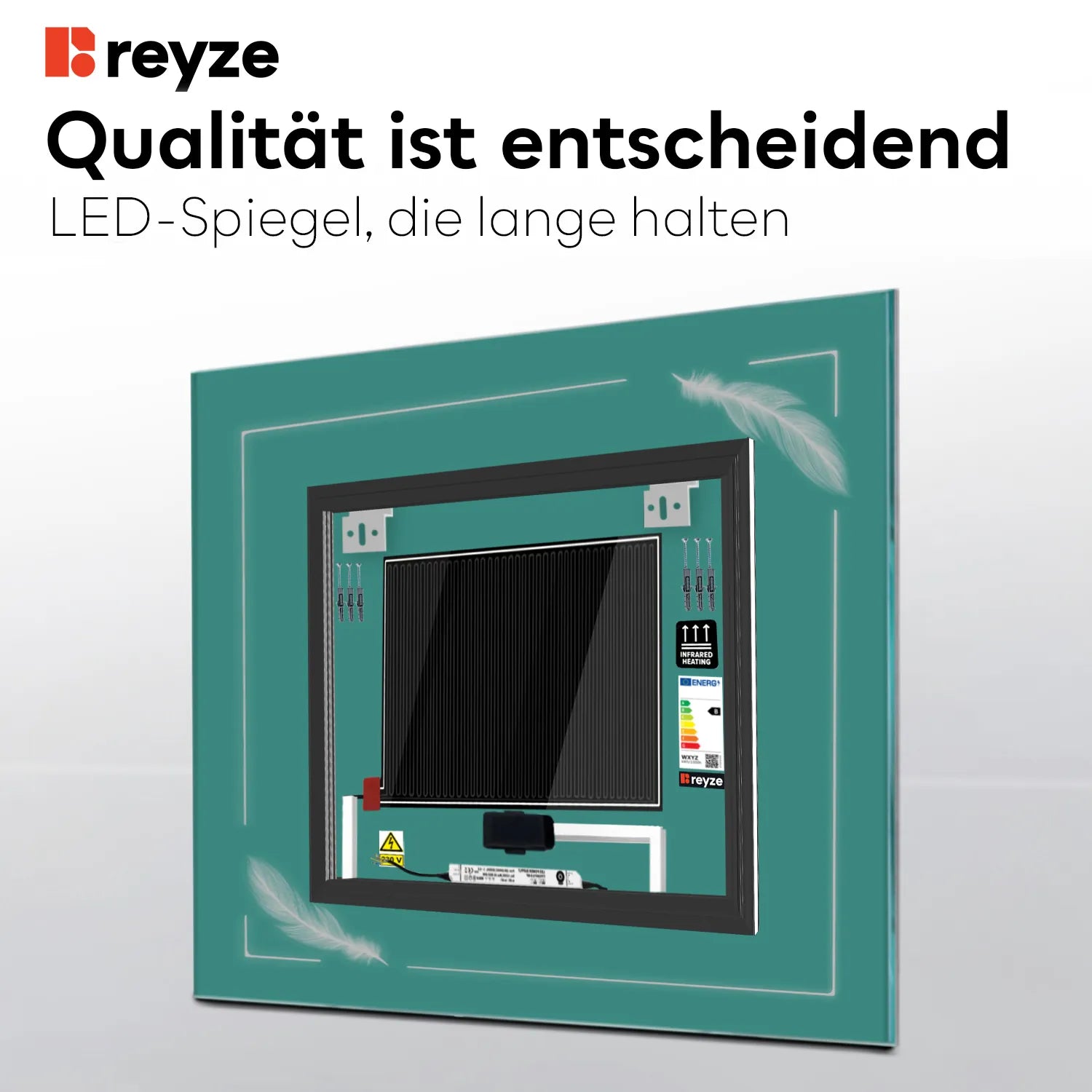 LED Spiegel Quadratisch | Touch-Schalter | Anti-Beschlag-Funktion | Kaltweißes Licht - Reyze Seria Good Vibes Model 3
