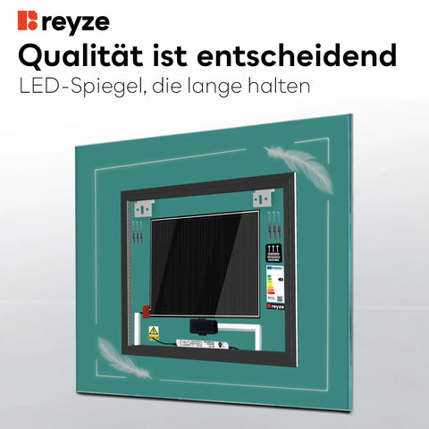 LED Spiegel Quadratisch | Touch-Schalter | Anti-Beschlag-Funktion | Kaltweißes Licht - Reyze Seria Good Vibes Model 3