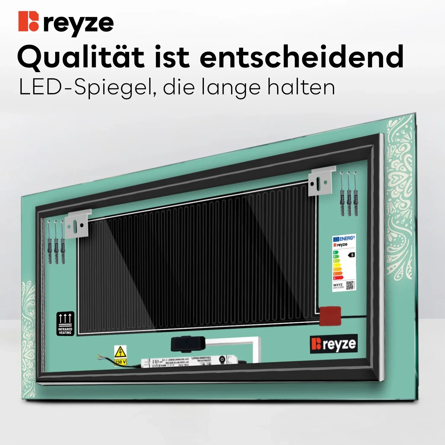 LED Spiegel Rechteckig | Touch-Schalter | Anti-Beschlag-Funktion | Einstellbare Farbtemperatur - Reyze Seria Good Vibes Model 4