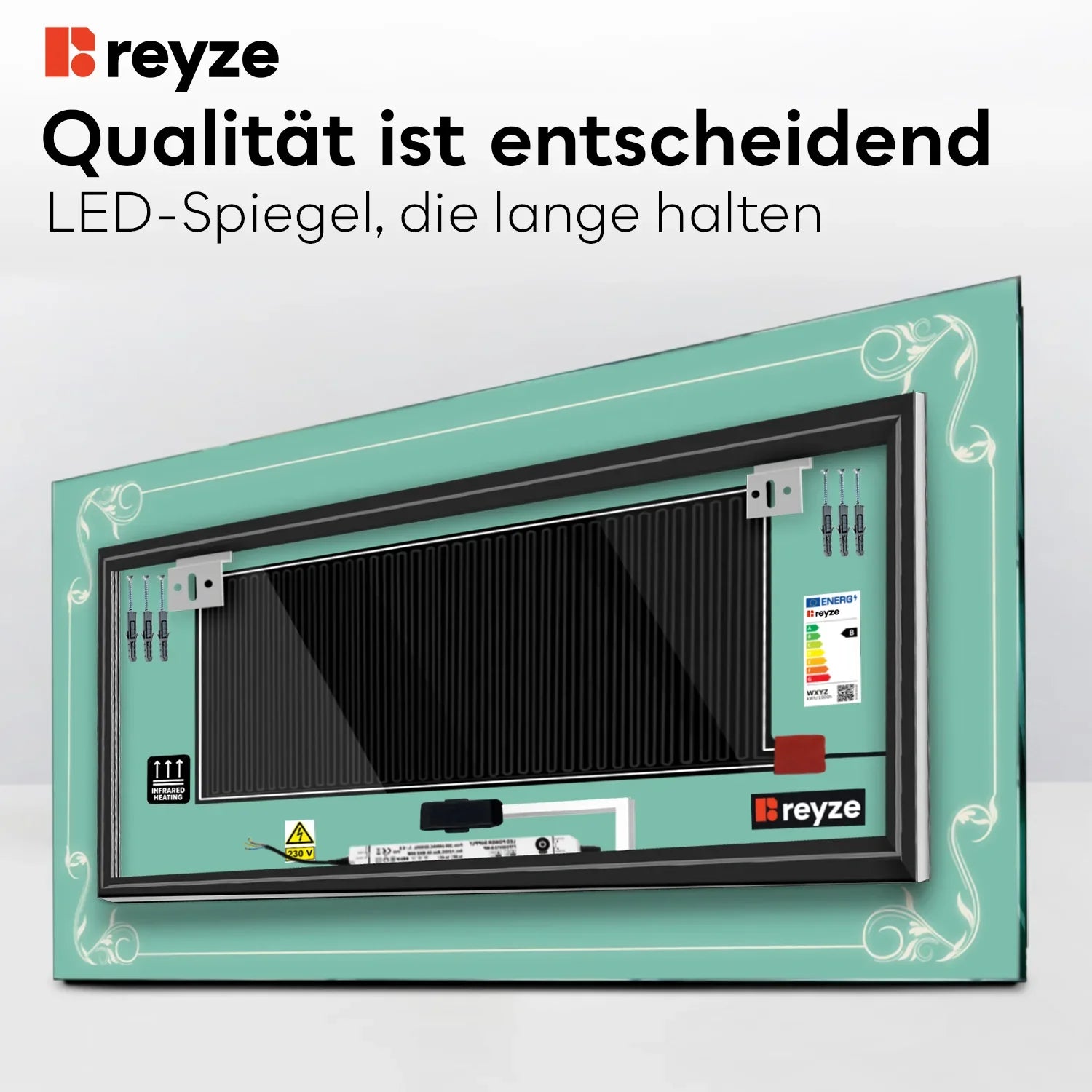 LED Spiegel Rechteckig | Touch-Schalter | Anti-Beschlag-Funktion | Warmweißes Licht - Reyze Seria Good Vibes Model 5