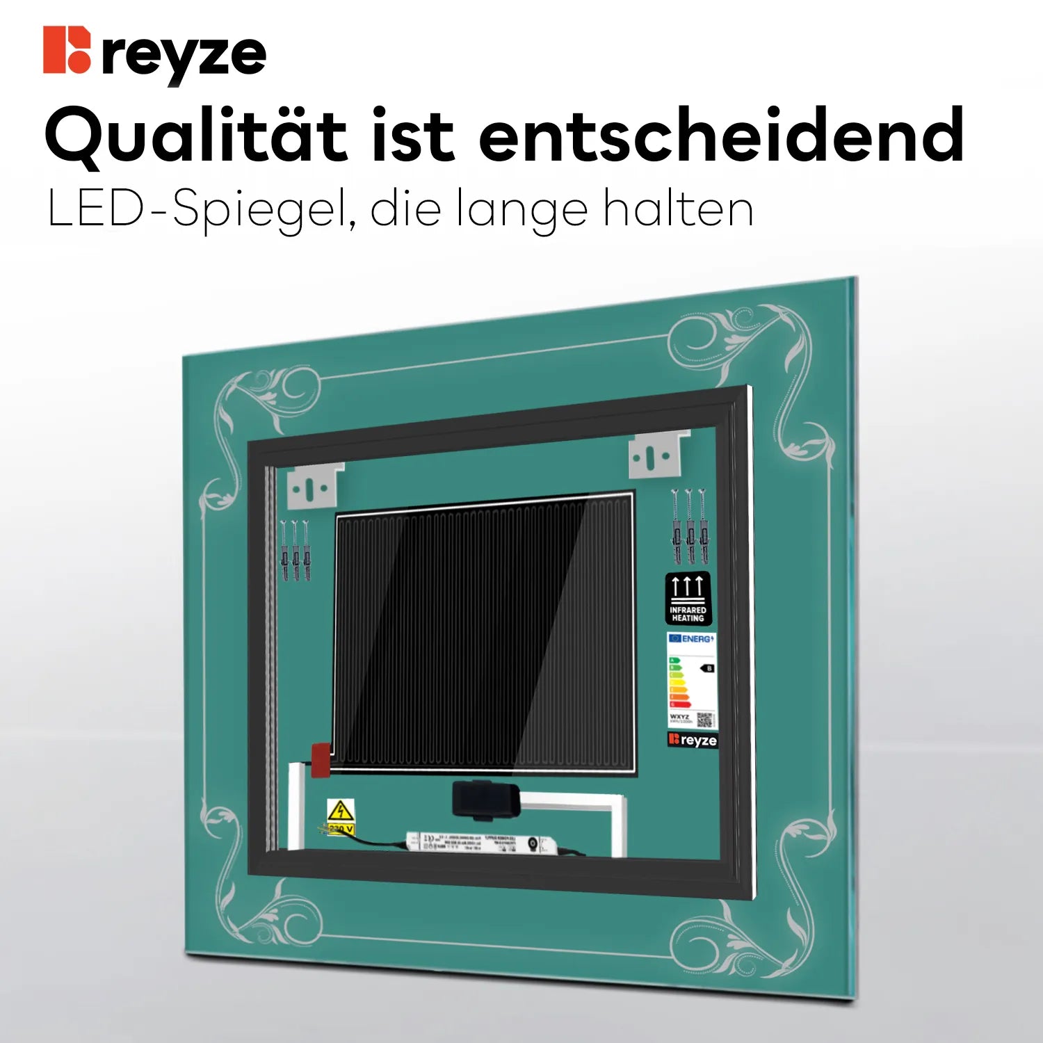 LED Spiegel Quadratisch | Touch-Schalter | Anti-Beschlag-Funktion | Kaltweißes Licht - Reyze Seria Good Vibes Model 5