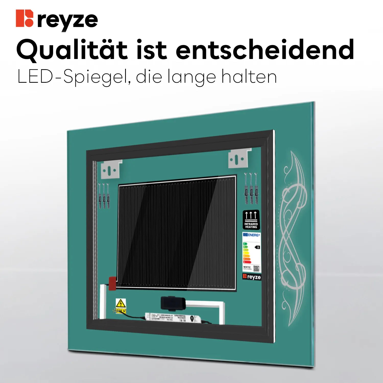 LED Spiegel Quadratisch | Touch-Schalter | Anti-Beschlag-Funktion | Einstellbare Farbtemperatur - Reyze Seria Good Vibes Model 6