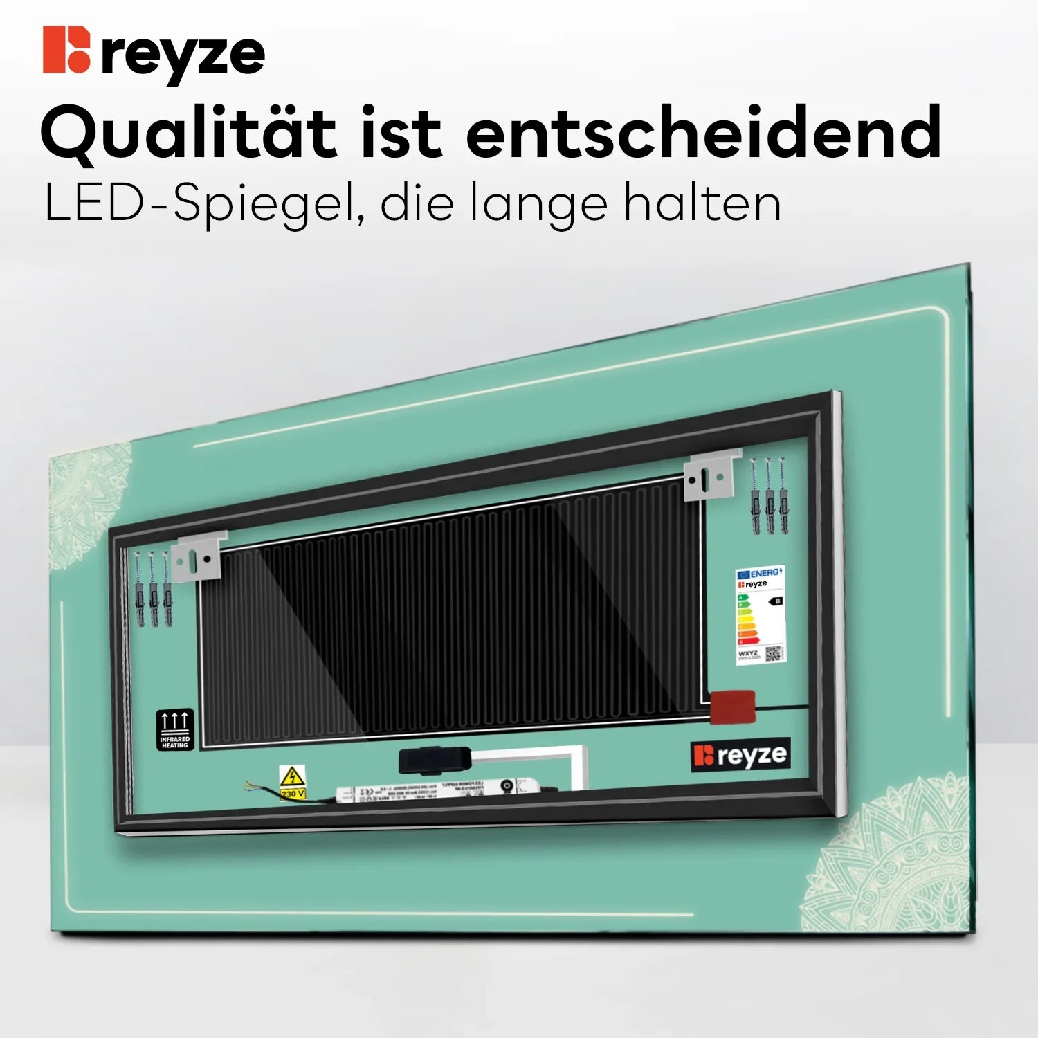 LED Spiegel Rechteckig | Touch-Schalter | Anti-Beschlag-Funktion | Kaltweißes Licht - Reyze Seria Good Vibes Model 7