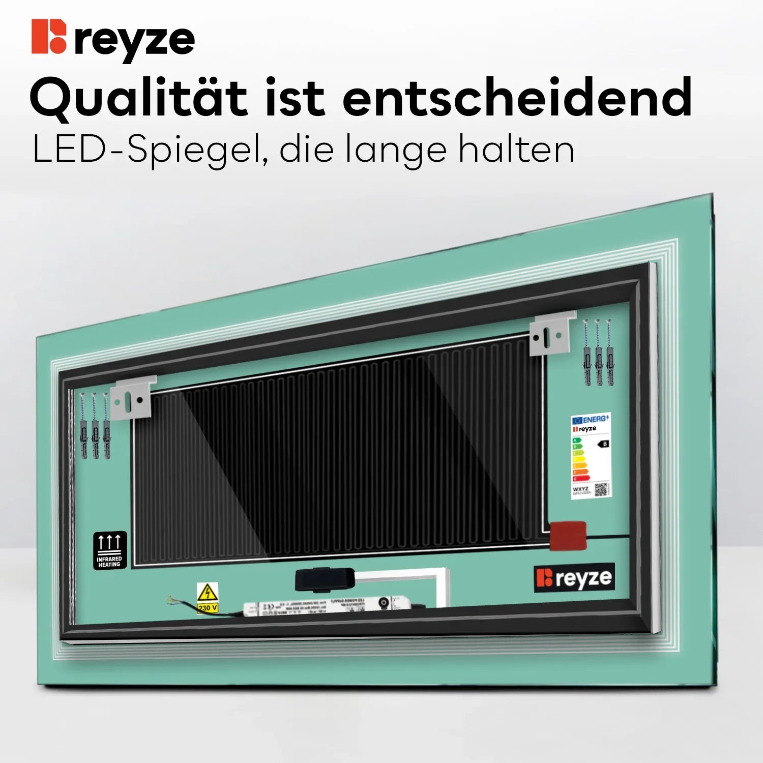LED Spiegel Rechteckig | Touch-Schalter | Anti-Beschlag-Funktion | Einstellbare Farbtemperatur - Reyze Seria Minimal Model 1