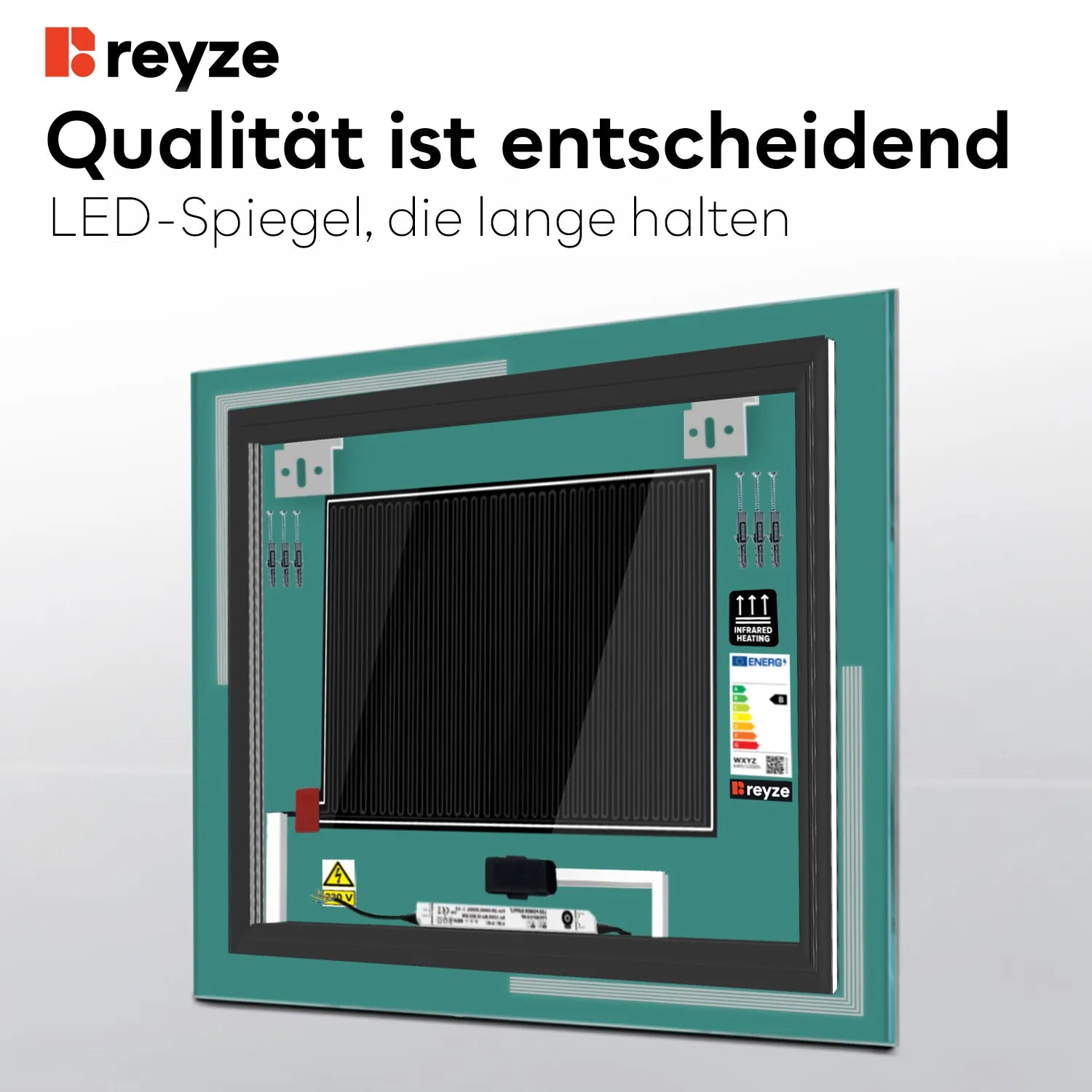 LED Spiegel Quadratisch | Touch-Schalter | Anti-Beschlag-Funktion | Warmweißes Licht - Reyze Seria Minimal Model 2