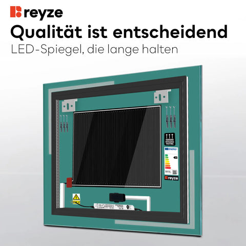 LED Spiegel Quadratisch | Touch-Schalter | Anti-Beschlag-Funktion | Warmweißes Licht - Reyze Seria Minimal Model 2