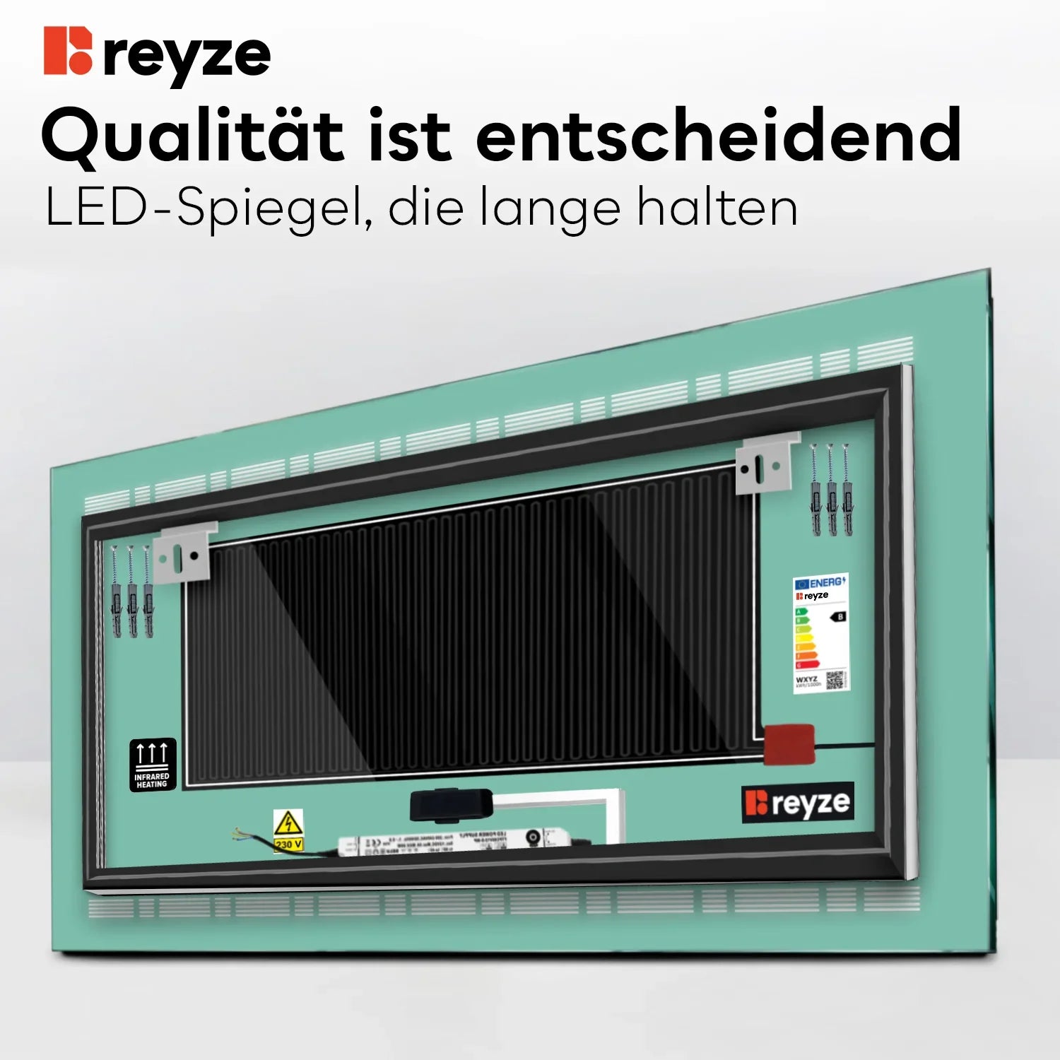 LED Spiegel Rechteckig | Touch-Schalter | Anti-Beschlag-Funktion | Warmweißes Licht - Reyze Seria Minimal Model 3