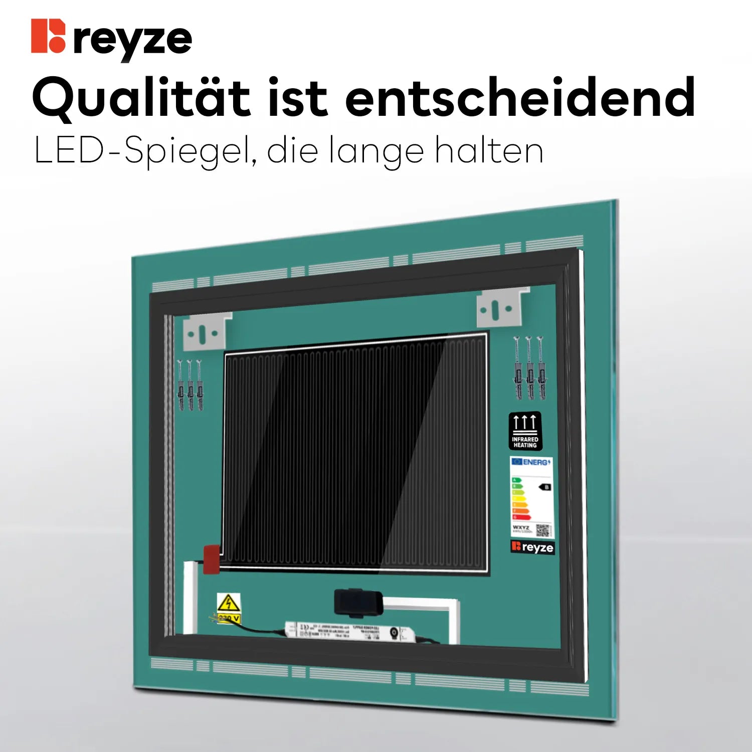 LED Spiegel Quadratisch | Touch-Schalter | Anti-Beschlag-Funktion | Kaltweißes Licht - Reyze Seria Minimal Model 3