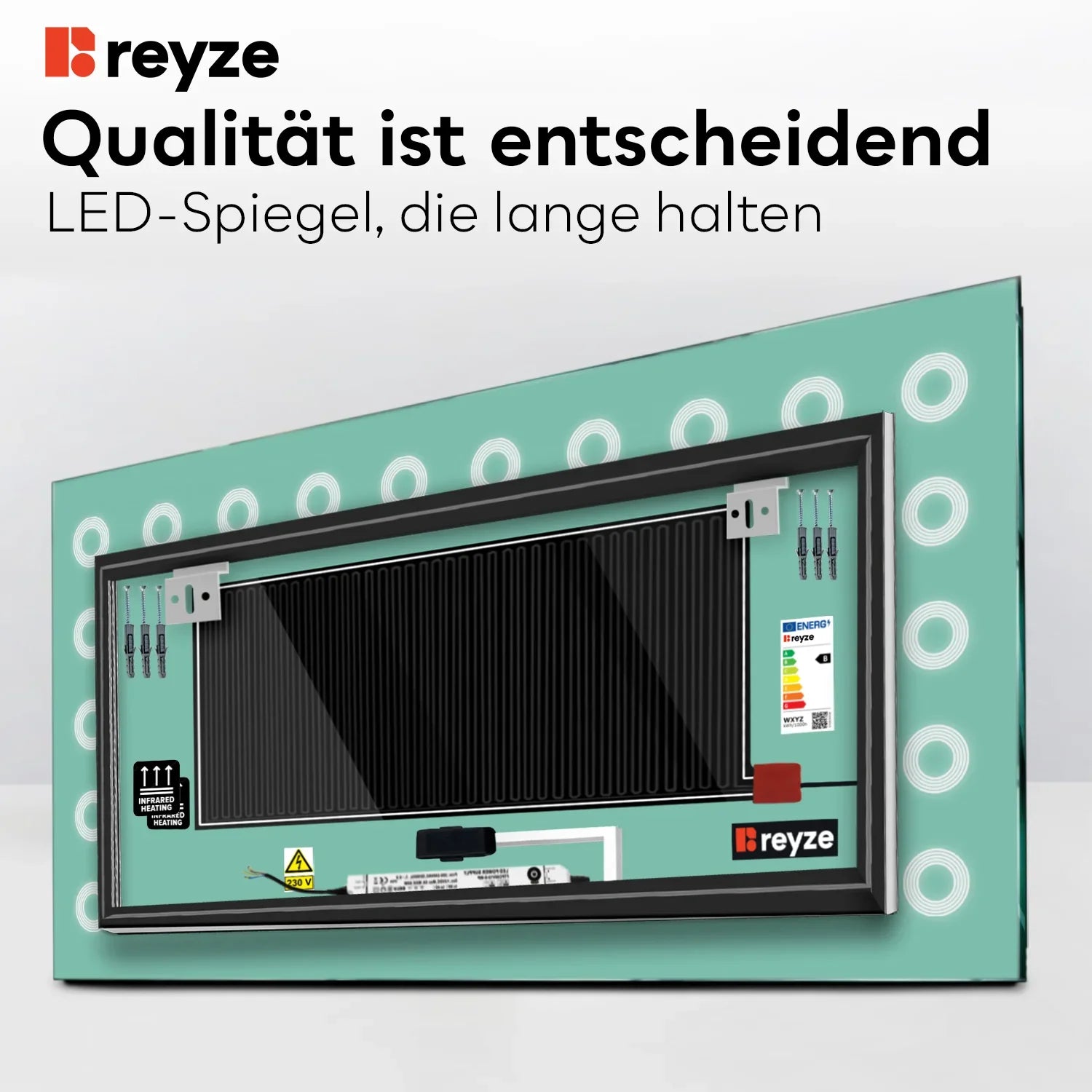 LED Spiegel Rechteckig | Touch-Schalter | Anti-Beschlag-Funktion | Kaltweißes Licht - Reyze Seria Minimal Model 4