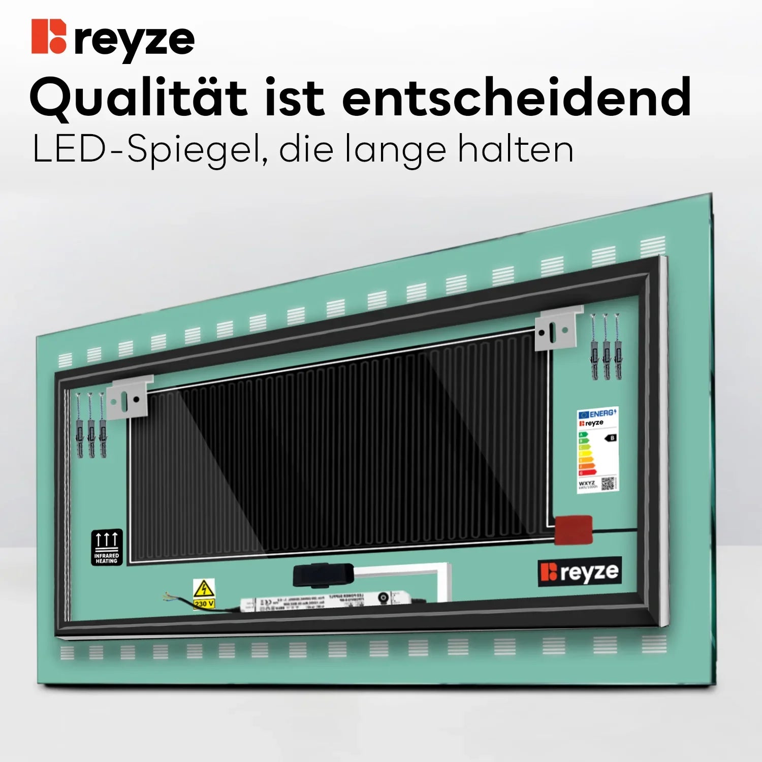 LED Spiegel Rechteckig | Touch-Schalter | Anti-Beschlag-Funktion | Warmweißes Licht - Reyze Seria Minimal Model 6