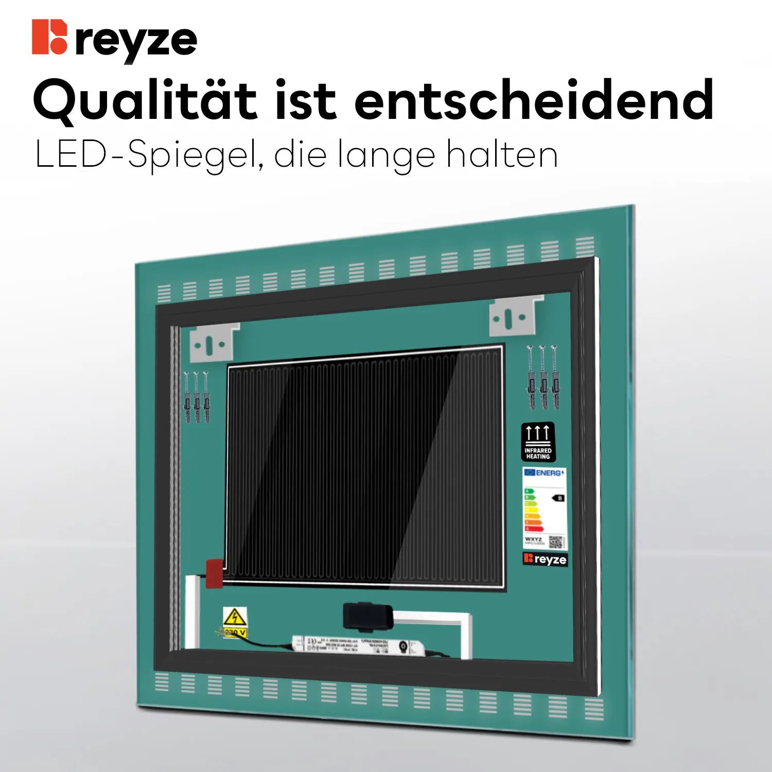 LED Spiegel Quadratisch | Touch-Schalter | Anti-Beschlag-Funktion | Warmweißes Licht - Reyze Seria Minimal Model 6