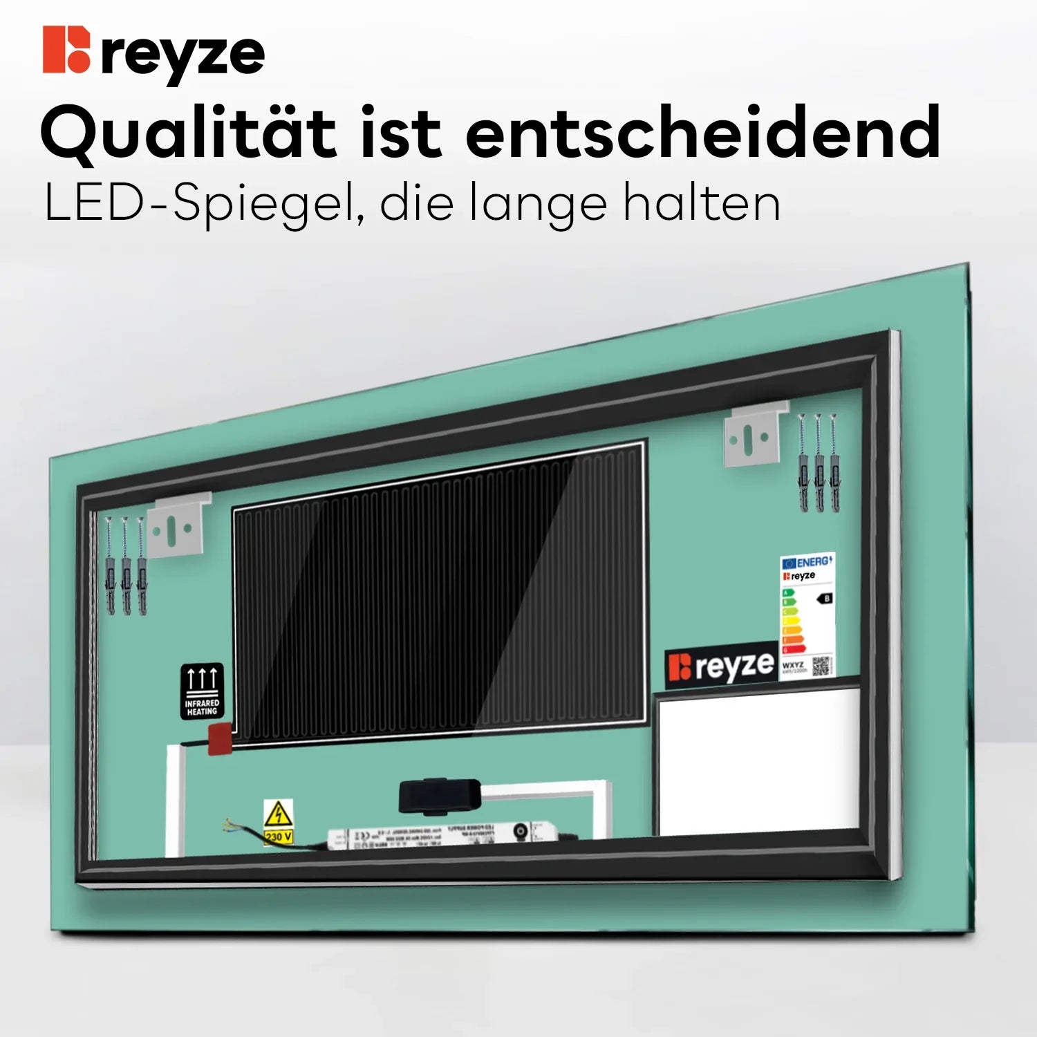 LED Spiegel Rechteckig | Touch-Schalter | Anti-Beschlag-Funktion | Neutralweißes Licht - Reyze Seria Motivated Model 3