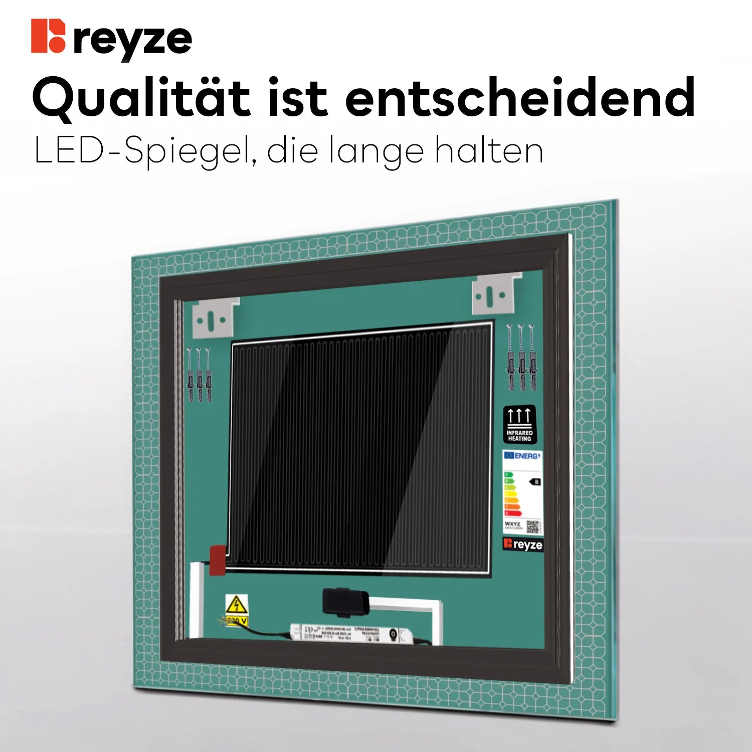 LED Spiegel Quadratisch | Touch-Schalter | Anti-Beschlag-Funktion | Warmweißes Licht - Reyze Seria Official Model 2
