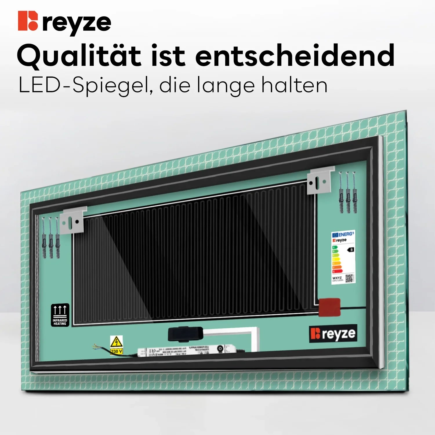 LED Spiegel Rechteckig | Touch-Schalter | Anti-Beschlag-Funktion | Neutralweißes Licht - Reyze Seria Official Model 3