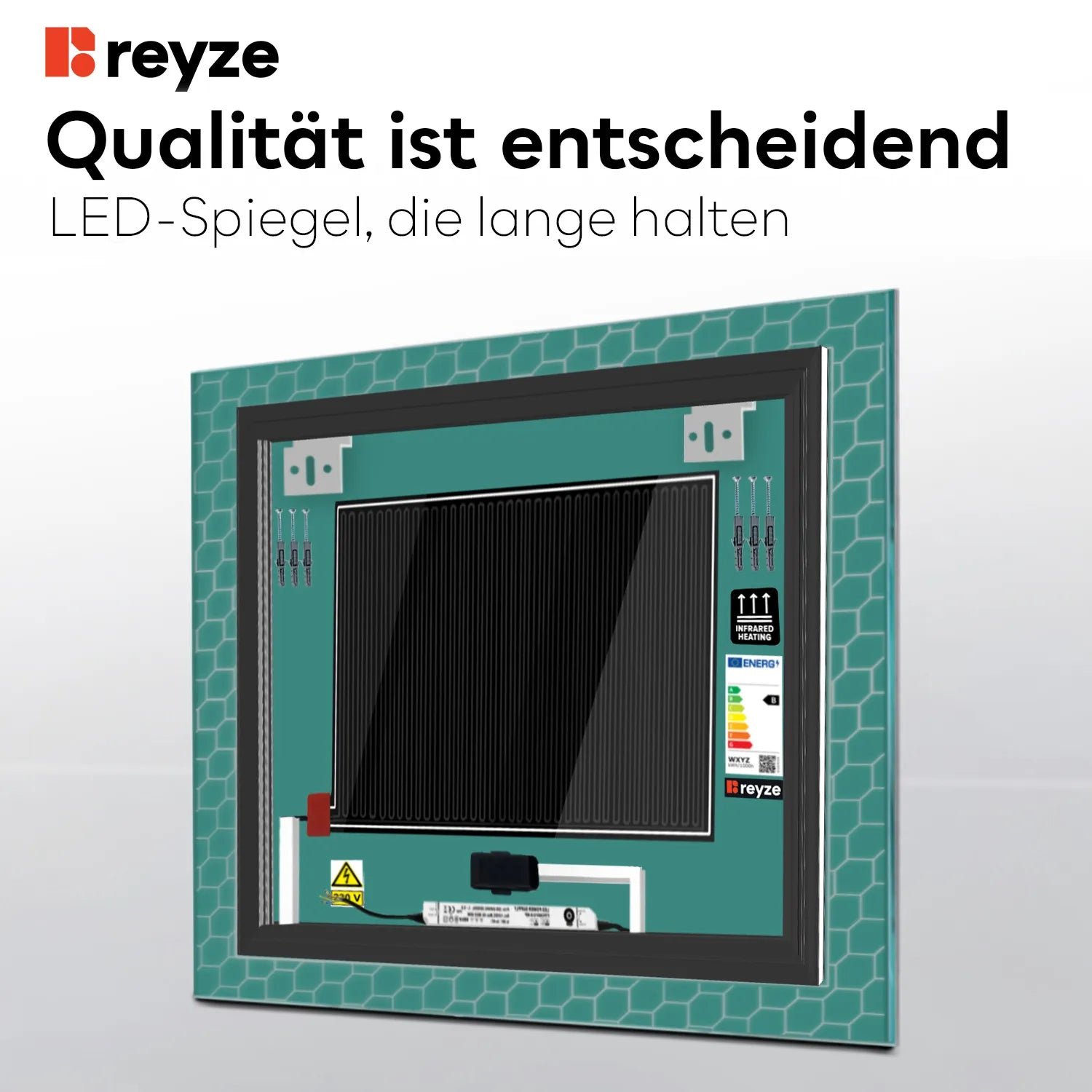 LED Spiegel Quadratisch | Touch-Schalter | Anti-Beschlag-Funktion | Einstellbare Farbtemperatur - Reyze Seria Official Model 7