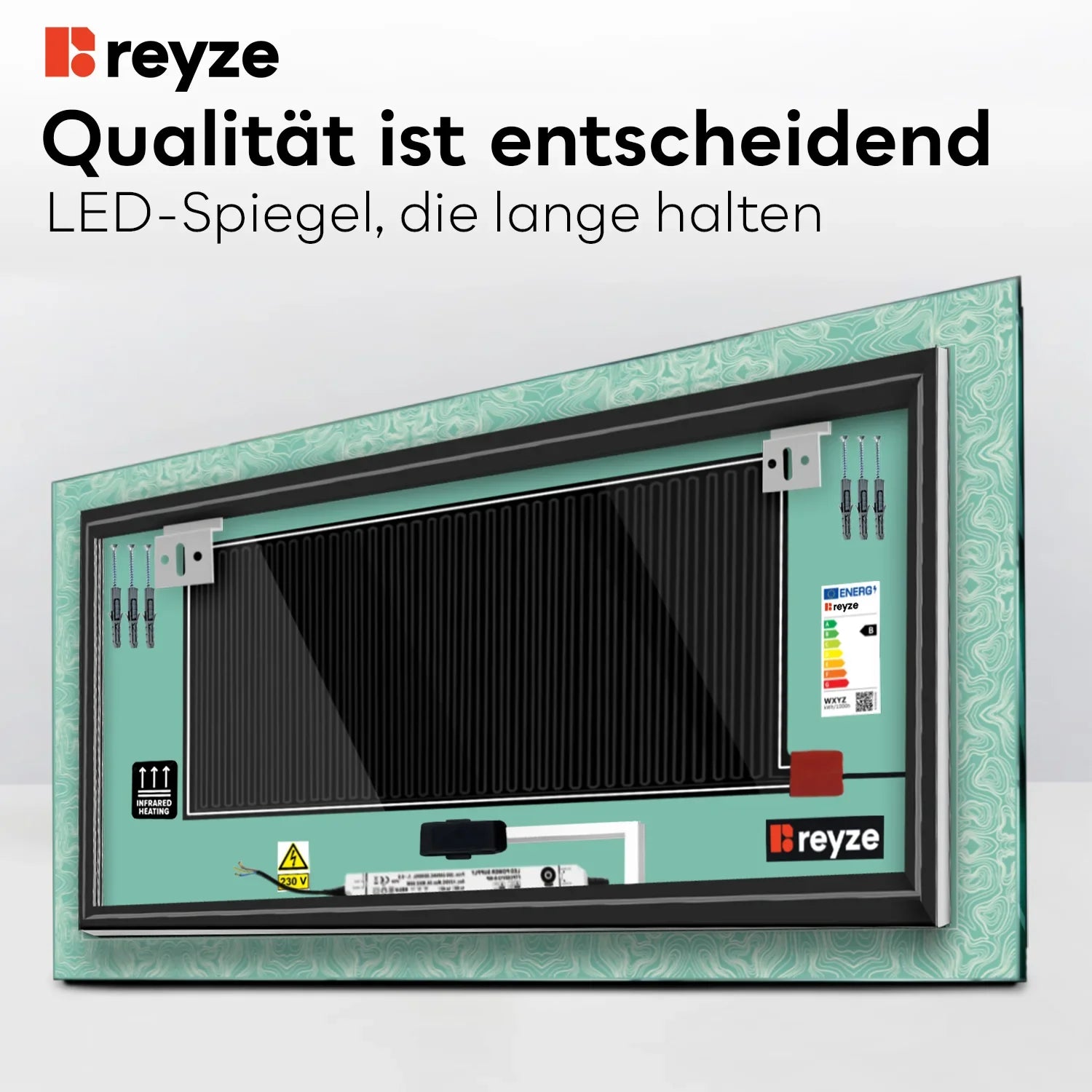 LED Spiegel Rechteckig | Touch-Schalter | Anti-Beschlag-Funktion | Neutralweißes Licht - Reyze Seria Official Model 8