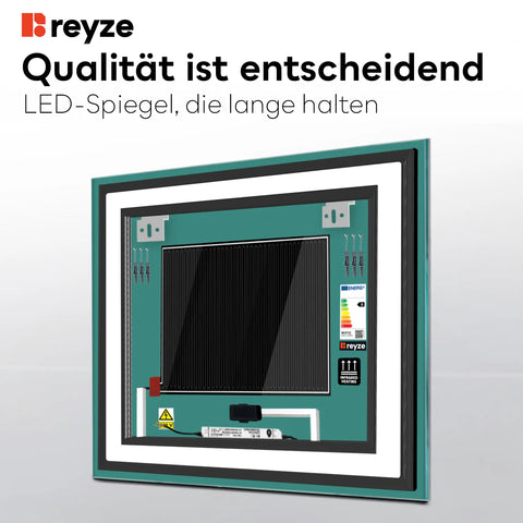 LED Spiegel Quadratisch | Touch-Schalter | Anti-Beschlag-Funktion | Warmweißes Licht - Reyze Seria Salono Model 1