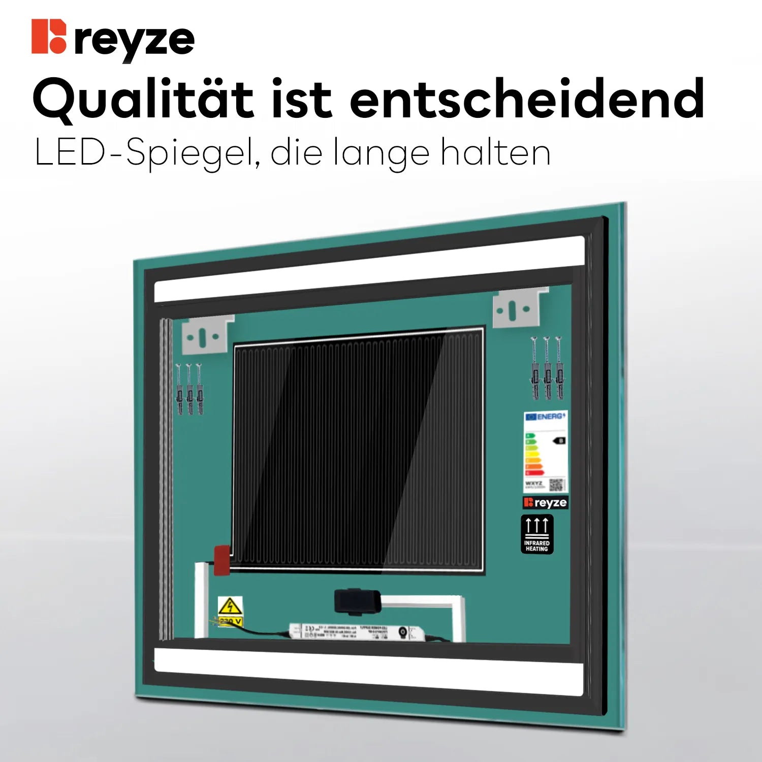 LED Spiegel Quadratisch | Touch-Schalter | Anti-Beschlag-Funktion | Kaltweißes Licht - Reyze Seria Salono Model 7