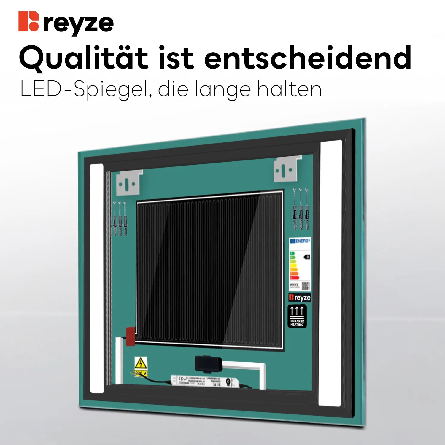 LED Spiegel Quadratisch | Touch-Schalter | Anti-Beschlag-Funktion | Kaltweißes Licht - Reyze Seria Salono Model 8