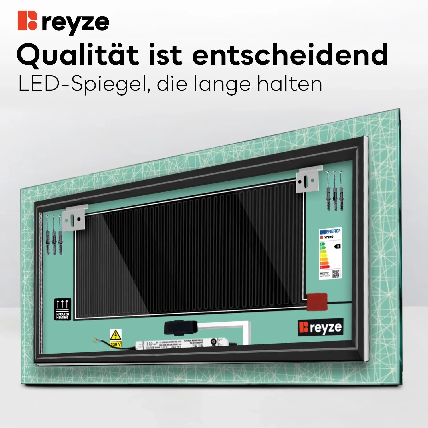 LED Spiegel Rechteckig | Touch-Schalter | Anti-Beschlag-Funktion | Warmweißes Licht - Reyze Seria Simetria Model 1