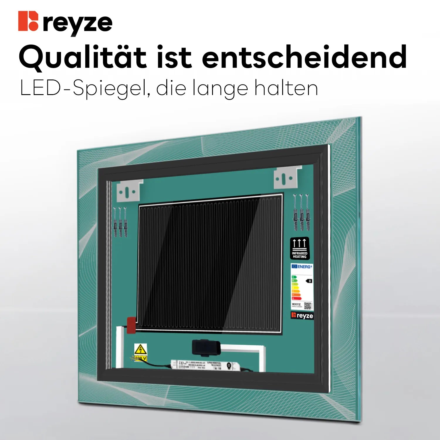 LED Spiegel Quadratisch | Touch-Schalter | Anti-Beschlag-Funktion | Neutralweißes Licht - Reyze Seria Simetria Model 2