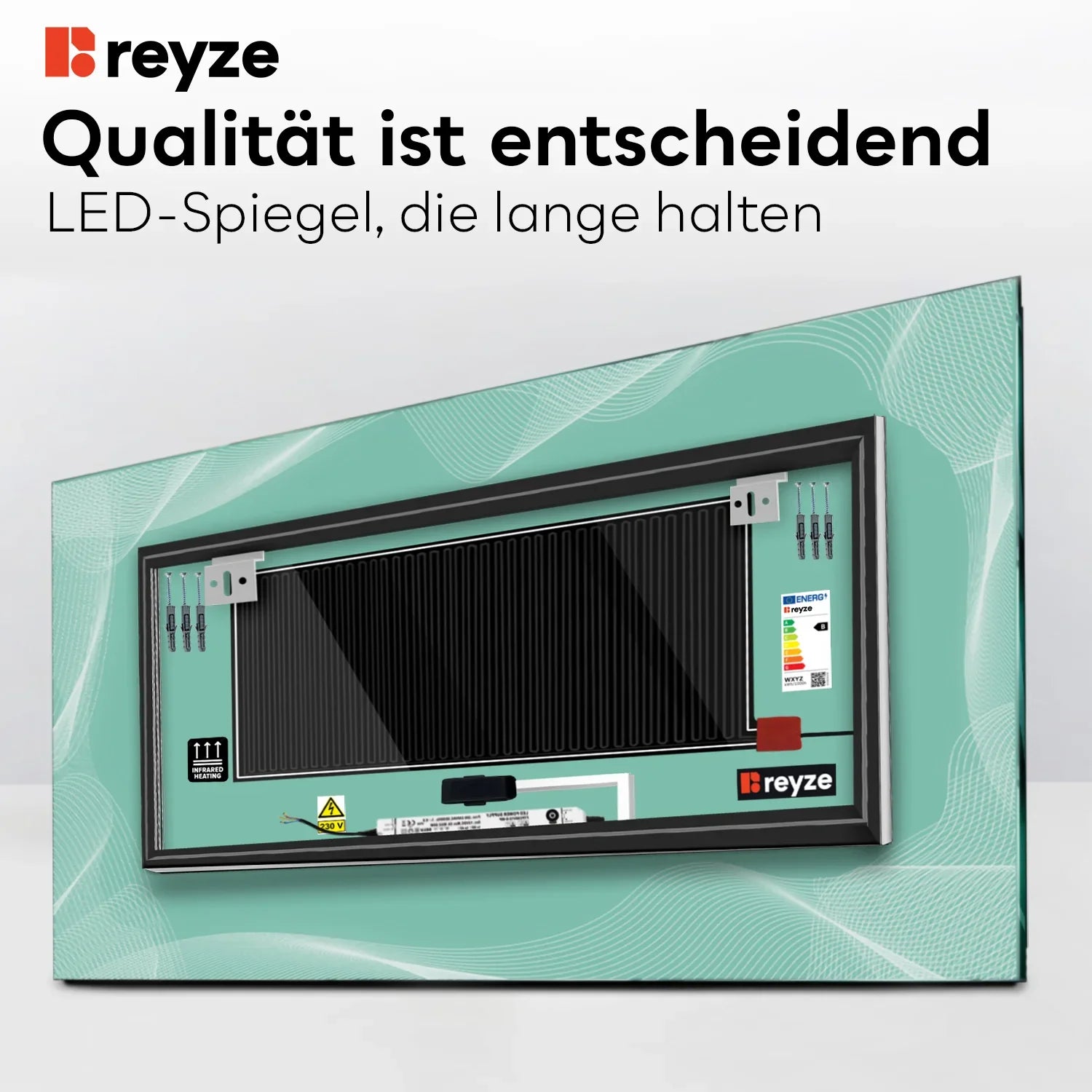 LED Spiegel Rechteckig | Touch-Schalter | Anti-Beschlag-Funktion | Warmweißes Licht - Reyze Seria Simetria Model 3