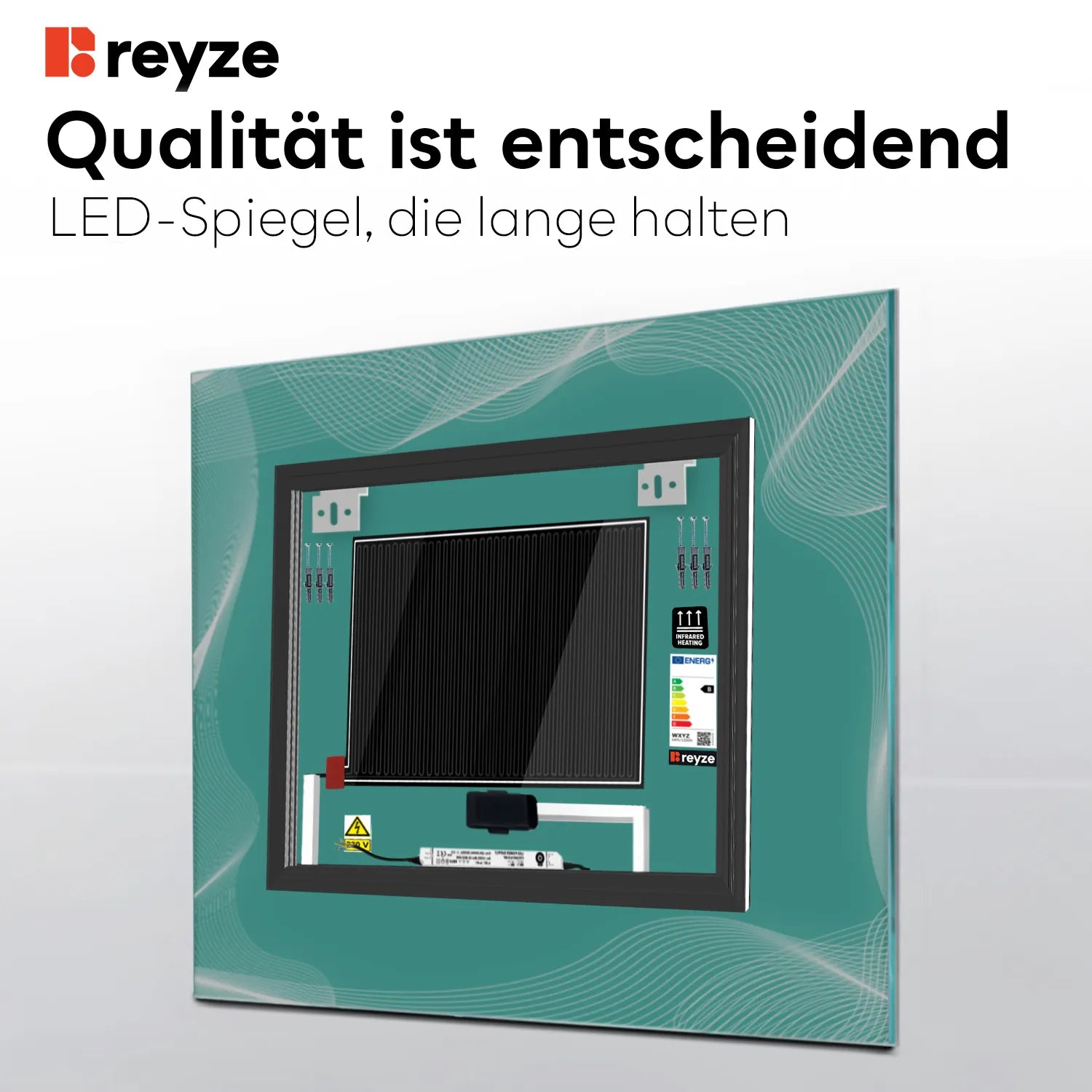 LED Spiegel Quadratisch | Touch-Schalter | Anti-Beschlag-Funktion | Neutralweißes Licht - Reyze Seria Simetria Model 3