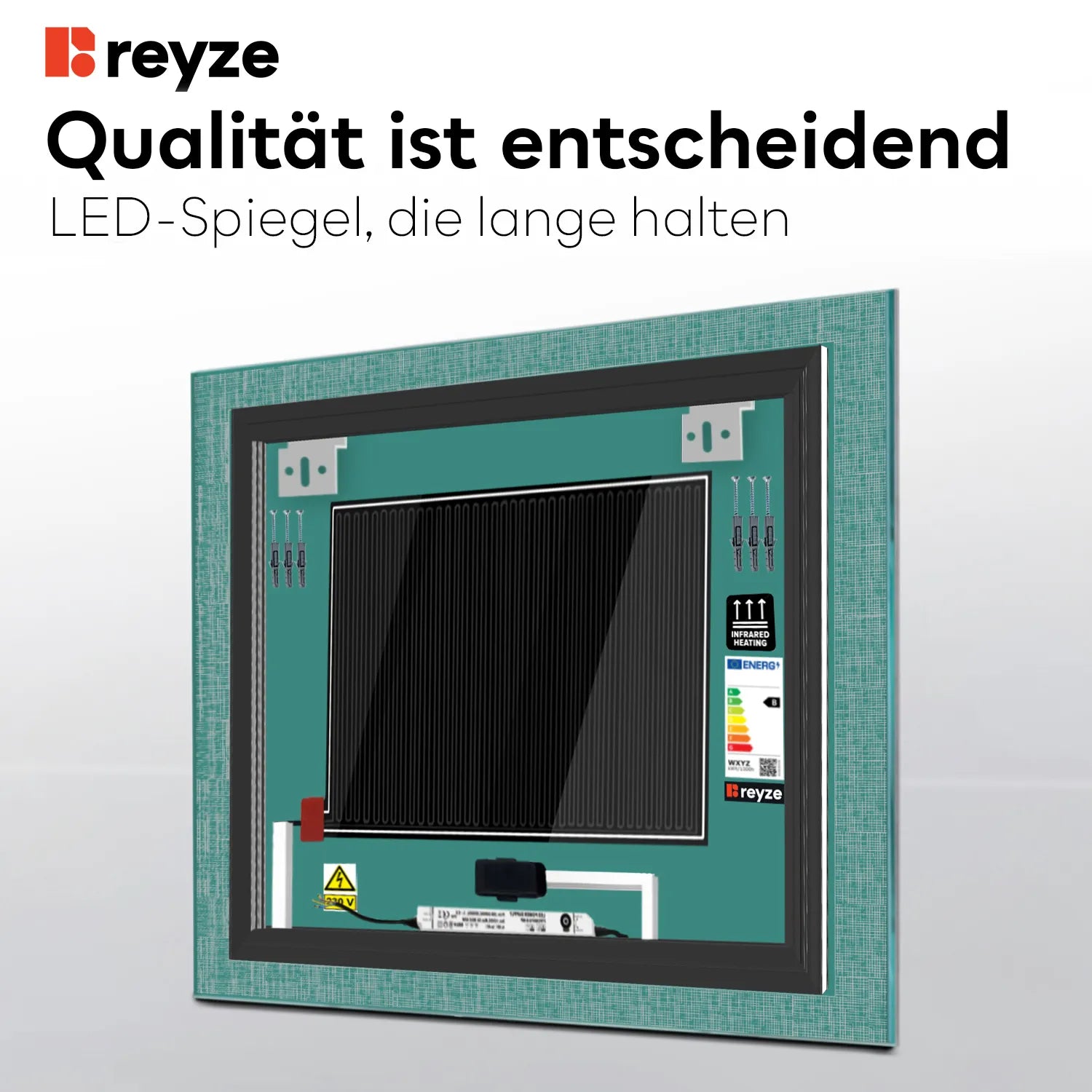 LED Spiegel Quadratisch | Touch-Schalter | Anti-Beschlag-Funktion | Neutralweißes Licht - Reyze Seria Simetria Model 6