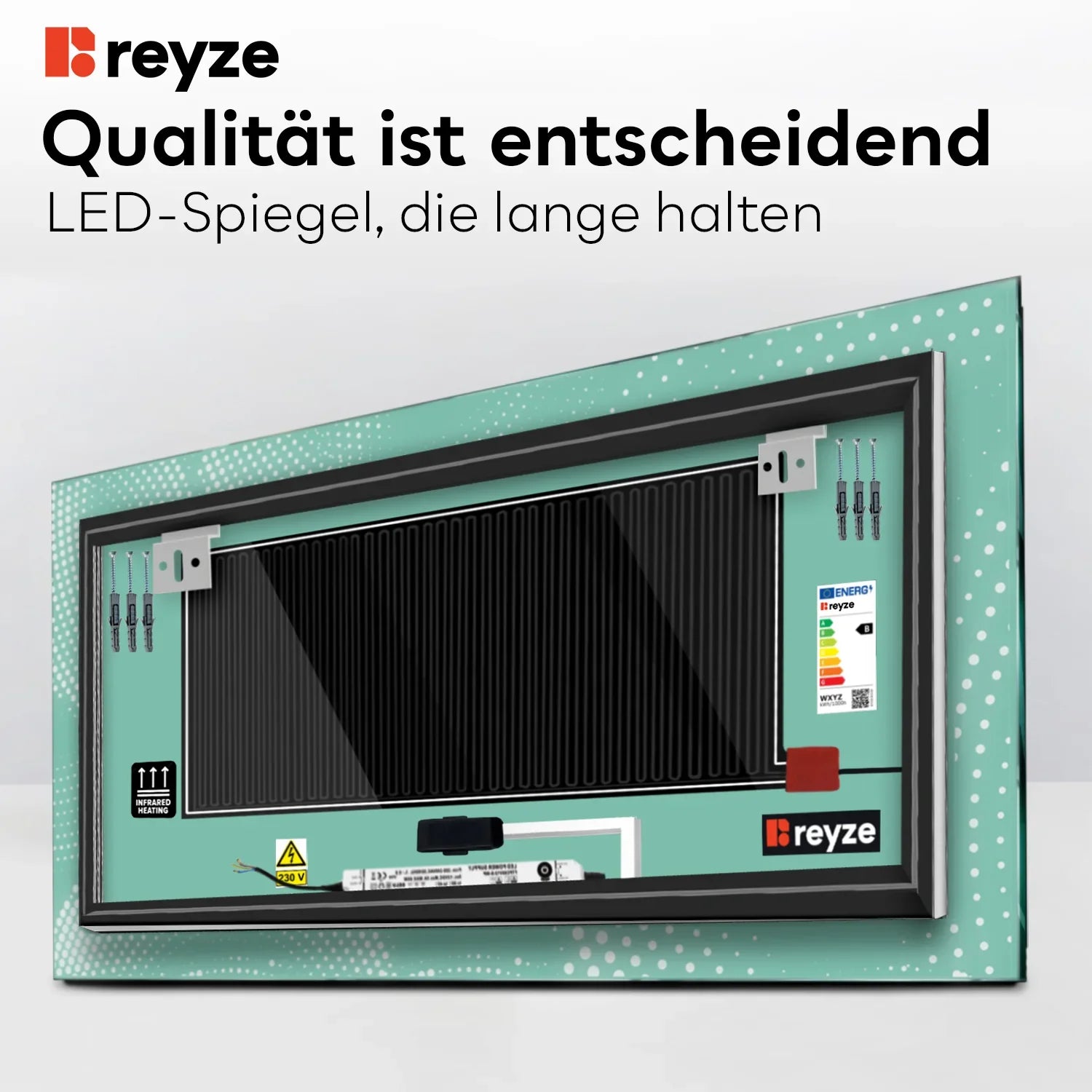 LED Spiegel Rechteckig | Touch-Schalter | Anti-Beschlag-Funktion | Kaltweißes Licht - Reyze Seria Simetria Model 8
