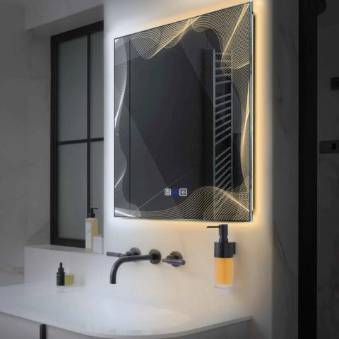 LED Spiegel Quadratisch | Touch-Schalter | Anti-Beschlag-Funktion | Einstellbare Farbtemperatur - Reyze Seria Simetria Model 3