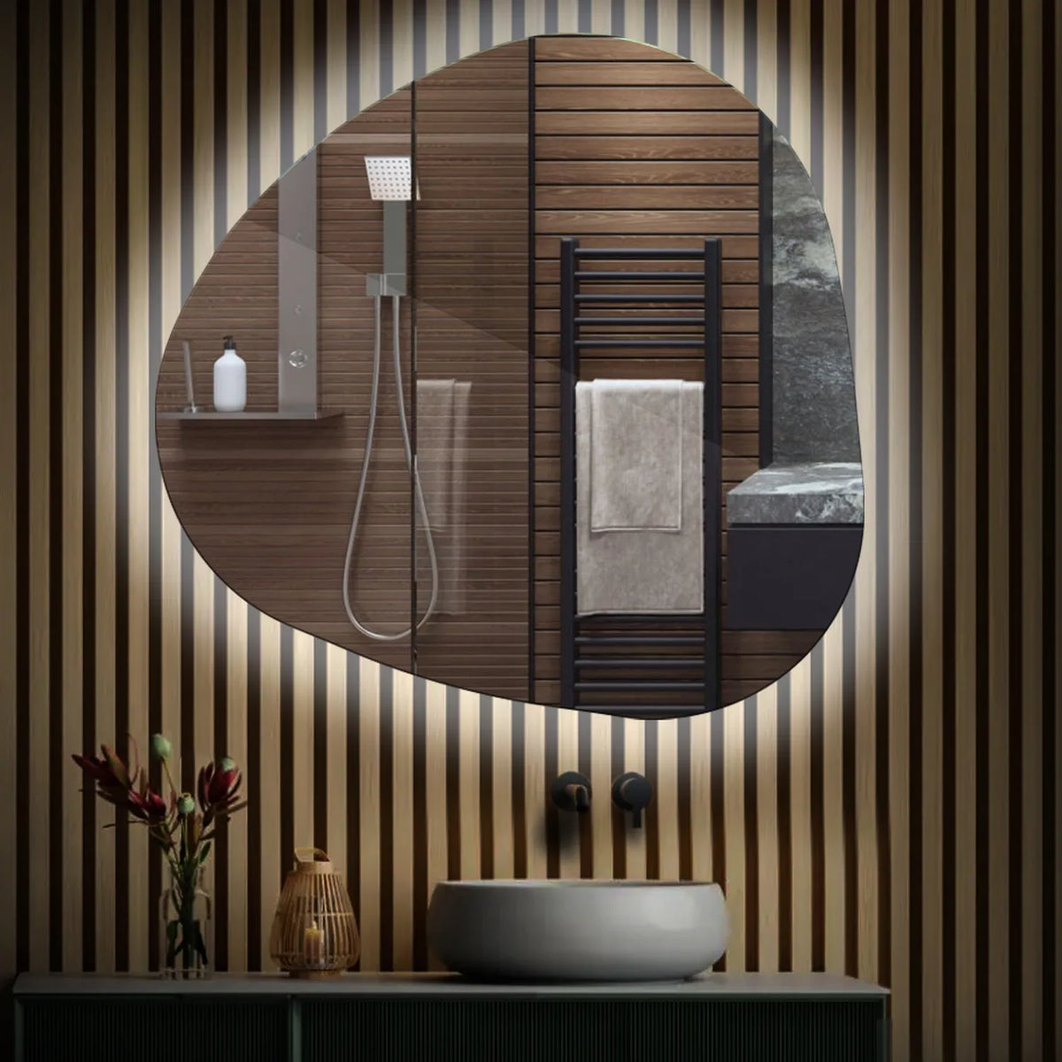 LED Spiegel Asymmetrisch | Wandschalter-Steuerung | Kaltweißes Licht - Reyze Seria Ambient Model 1